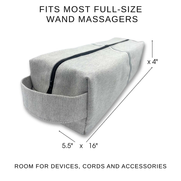Dimensions of The Magnum Wand Pouch™ showing XL storage capacity for full-size wand massagers, charging cords, attachments, lubricants, styling tools, and personal wellness accessories.