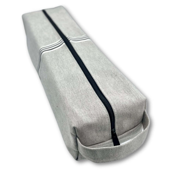 The Magnum Wand Pouch™ | Denim & Ribbon | Starch in reclaimed heavyweight natural cotton duck featuring signature black-and-white ribbon detailing, premium YKK zipper, and carry handle. USA made.