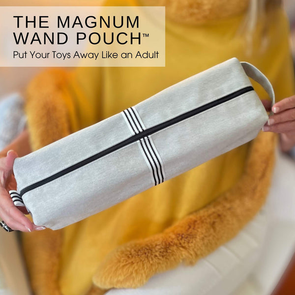 Woman holding The Magnum Wand Pouch™ | Denim & Ribbon | Starch to show scale. USA-made XL storage for wand massagers, charging cords, accessories, and personal wellness essentials.