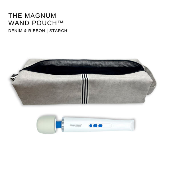 Dimensions of The Magnum Wand Pouch™ showing XL storage capacity for full-size wand massagers, charging cords, attachments, lubricants, styling tools, and personal wellness accessories.