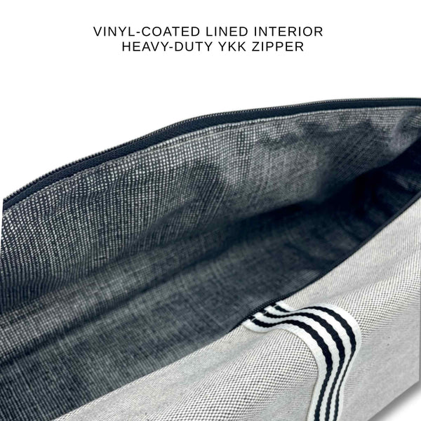 Close-up of the waterproof vinyl-coated cotton lining with dark gray linen-weave pattern inside The Magnum Wand Pouch™ with premium YKK zipper construction.