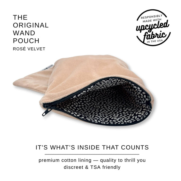 Close-up of the first-quality black-and-white patterned cotton lining inside the Rosé Velvet Original Wand Pouch with premium YKK zipper construction.