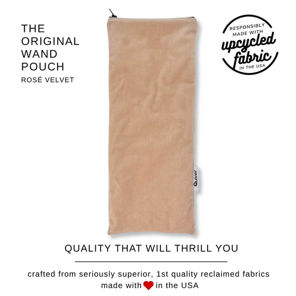 Quality details of the Rosé Velvet Original Wand Pouch featuring reclaimed blush pink velvet, premium YKK zipper, fully lined construction, and handcrafted USA craftsmanship.