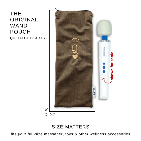 Dimensions of the Queen of Hearts Original Wand Pouch showing storage capacity for full-size wand massagers, charging cords, styling tools, and personal wellness accessories.
