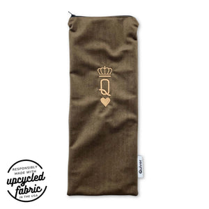 Queen of Hearts Original Wand Pouch in reclaimed chocolate brown velour featuring a gold embroidered Queen of Hearts icon, premium YKK zipper, and pale gray cotton lining. USA made.