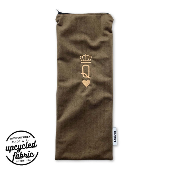 Queen of Hearts Original Wand Pouch in reclaimed chocolate brown velour featuring a gold embroidered Queen of Hearts icon, premium YKK zipper, and pale gray cotton lining. USA made.