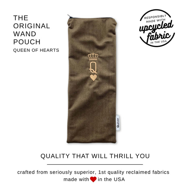 Quality details of the Queen of Hearts Original Wand Pouch featuring reclaimed chocolate brown velour, premium YKK zipper, fully lined construction, and handcrafted USA craftsmanship