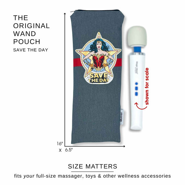 Dimensions of the Save the Day Original Wand Pouch showing storage capacity for full-size wand massagers, charging cords, styling tools, and personal wellness accessories.