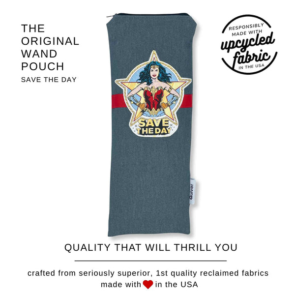Quality details of the Save the Day Original Wand Pouch featuring reclaimed lightweight denim, premium YKK zipper, fully lined construction, and handcrafted USA craftsmanship.
