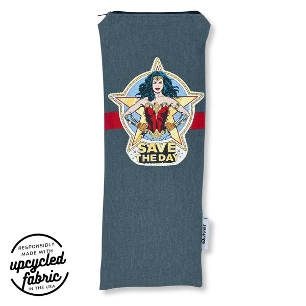 Save the Day Original Wand Pouch in reclaimed lightweight denim featuring a hand-applied superhero appliqué, YKK zipper, and red-and-white ticking stripe cotton lining. USA made.