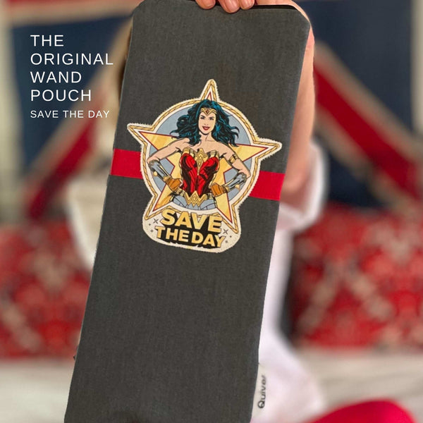 Woman holding the Save the Day Original Wand Pouch to show scale. USA-made storage pouch for wand massagers, charging cords, and personal wellness essentials.