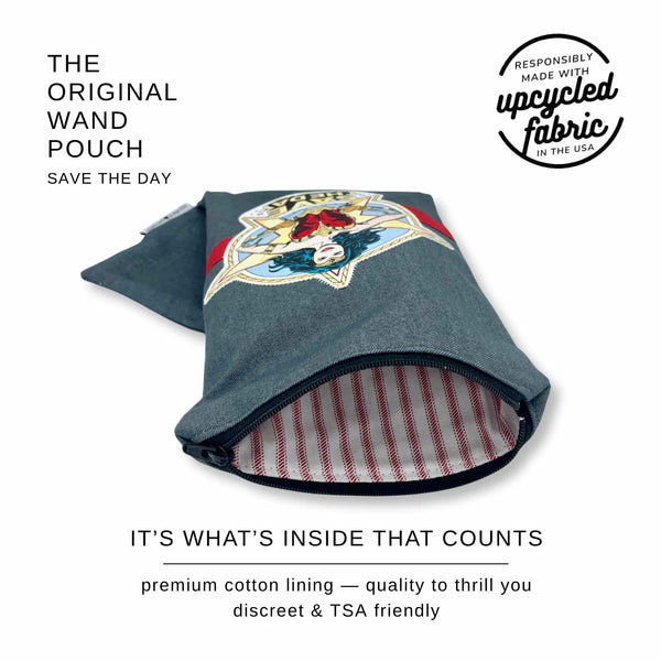 Close-up of the reclaimed red-and-white ticking stripe cotton lining inside the Save the Day Original Wand Pouch with premium YKK zipper construction.