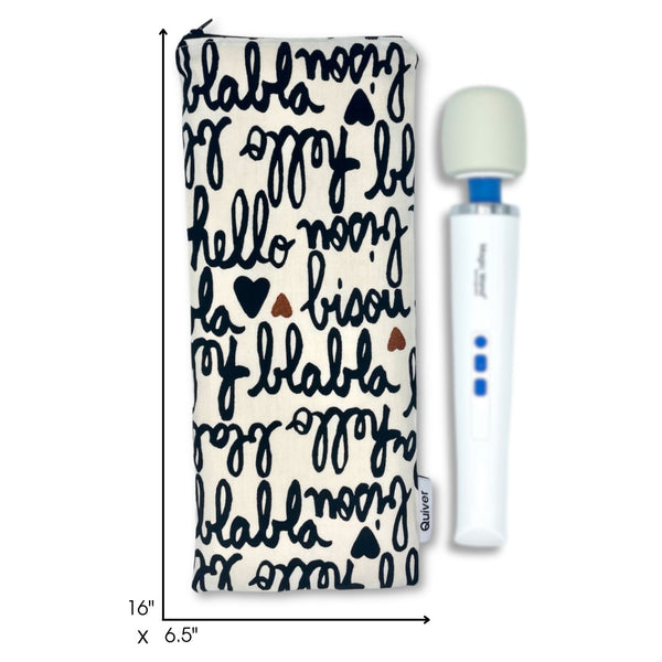 Dimensions of the Bisou Wand Pouch shown with a measuring tape.