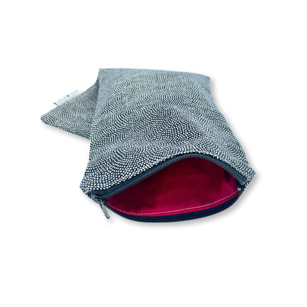 Elegant navy wand pouch with ivory Japanese Same Komon pattern and magenta cotton lining.
