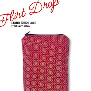 part of quiver love valentine day collection  the Red Blossoms wand massager storage pouch with red and gold Japanese floral fabric – elegant, discreet vibrator bag for full-size wand-style massagers