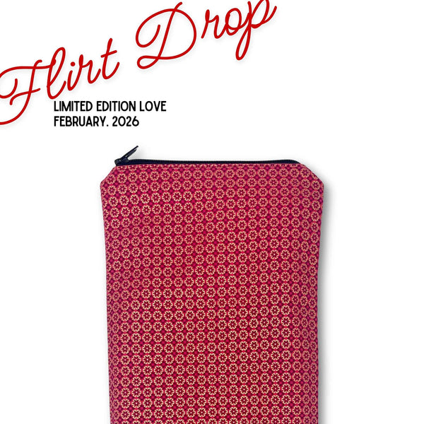 part of quiver love valentine day collection  the Red Blossoms wand massager storage pouch with red and gold Japanese floral fabric – elegant, discreet vibrator bag for full-size wand-style massagers