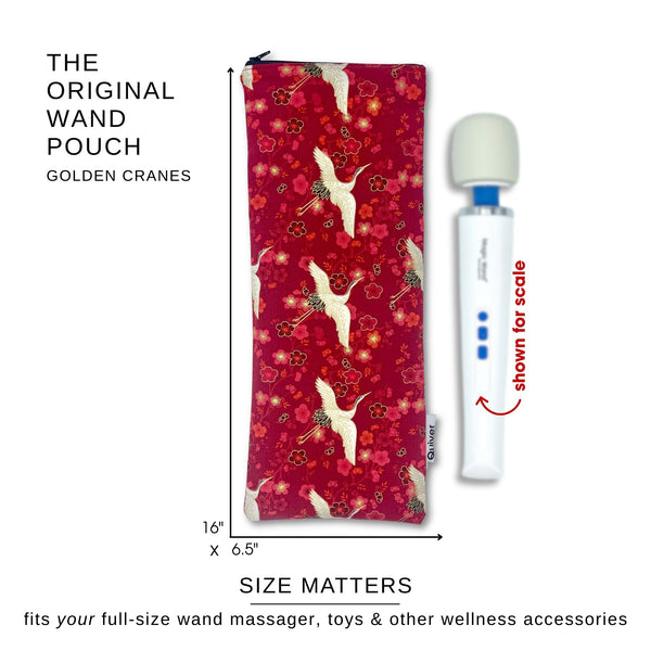 Dimensions of Golden Cranes Original Wand pouch shown with Vibratex magic wand for scale; compatible with most 13” wand style massagers