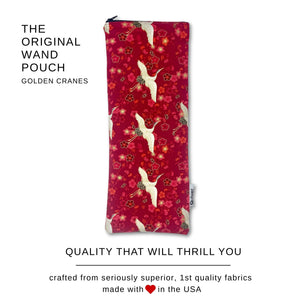 Quiver.love Golden Cranes Original Wand Massager Storage Pouch with text overlay reading “Quality to thrill you – crafted with 1st quality fabrics and made in the USA”