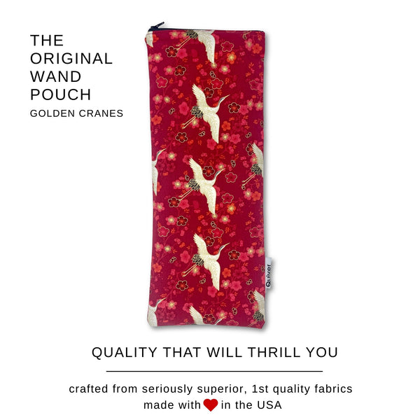Quiver.love Golden Cranes Original Wand Massager Storage Pouch with text overlay reading “Quality to thrill you – crafted with 1st quality fabrics and made in the USA”