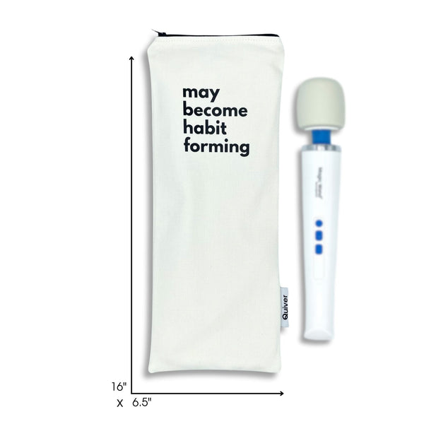 Wand pouch with “Heavy on the Self-Love” text printed on off-white denim.
Discreet, zippered case with cotton lining for wellness accessories.  What fits and dimensions