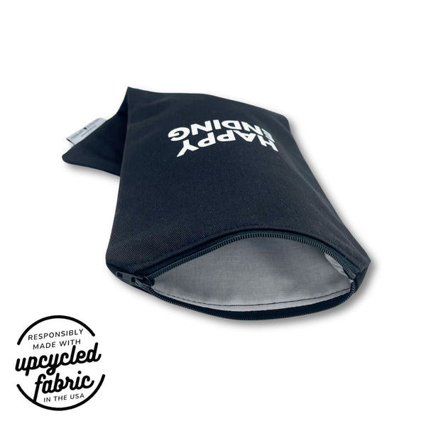 Discreet black cotton pouch with glitter text for full-size personal wellness device home storage or TSA friendly travel