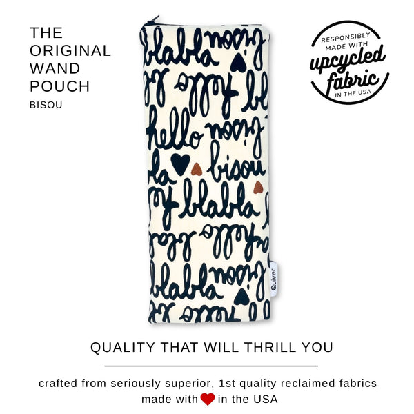 Front view of the Bisou Original Wand Massager travel pouch, storage case for wand massager made from reclaimed fabric in the USA