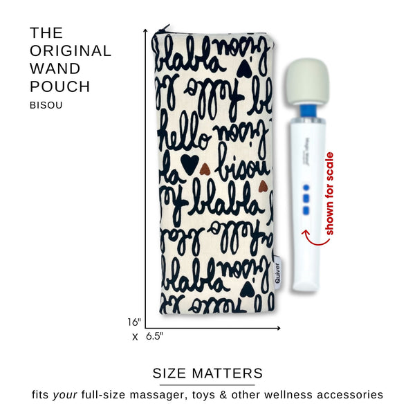 Dimensions of the Bisou Magic Wand massager storage and travel pouch shown with measurements and what fits