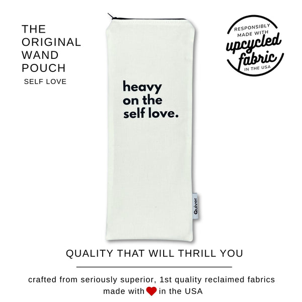 Original Wand Massager puch in White canvas with 'heavy on the self love.' text printed in black.  Branding information indicated made in the USA with 1st quality reclaimed fabrics