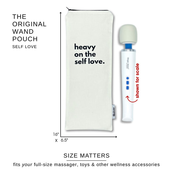 Original Wand pouch with “Heavy on the Self-Love” text printed on off-white denim, what fits size guide illustration highlights 16" x 6.5.  Wand Massager shown for scale only.