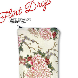 ront view of the Imperial Garden Wand Pouch by Quiver.love, made from first-quality floral Japanese cotton, with “Flirt Drop” Valentine’s promo text overlay; elegant and romantic limited-time offer
