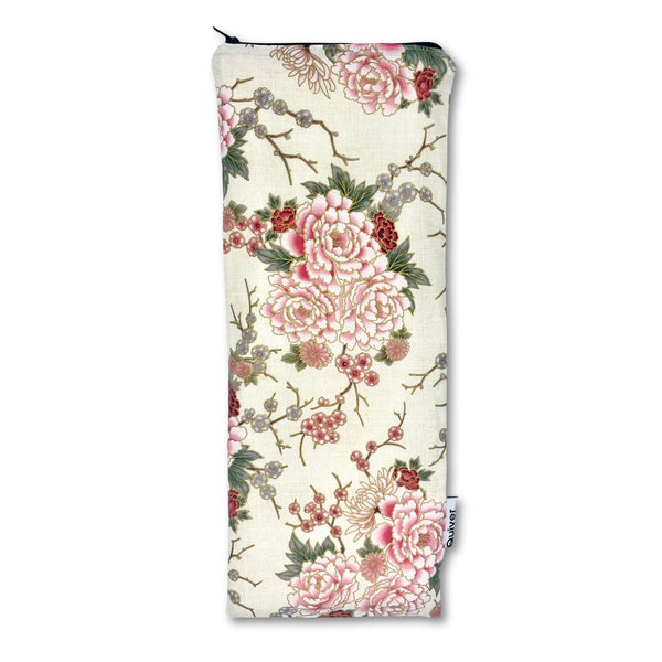 Imperial Garden original wand massager pouch with chinoiserie floral fabric, shown closed on a white background