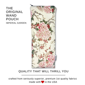 Imperial Garden Original wand massager zipper pouch with chinoiserie floral fabric, shown closed on a white background, text overlay explains quality construction, premium fabric, responsibly made in the usa