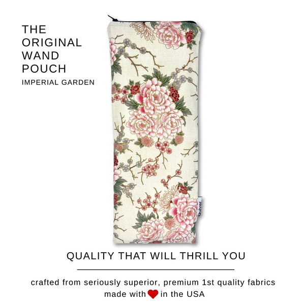 Imperial Garden Original wand massager zipper pouch with chinoiserie floral fabric, shown closed on a white background, text overlay explains quality construction, premium fabric, responsibly made in the usa