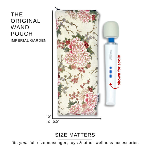 Imperial Garden wand massager pouch shown with magic wand  massager to illustrate sizing and fit, measures 16" x 6" with zipper closure