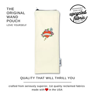Original Wand  pouch in off white dentim with a tattoo heart design with the words 
