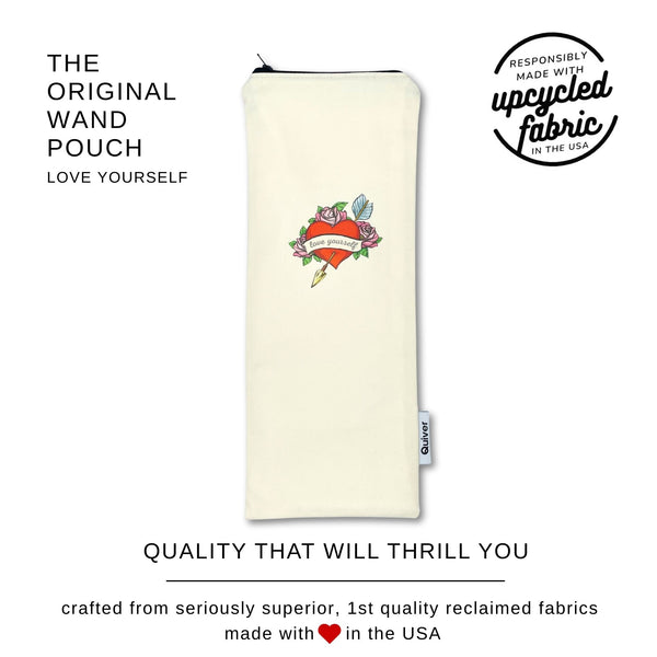 Original Wand  pouch in off white dentim with a tattoo heart design with the words "love yourself" in the product graphic. Text overlay "responsibly made in the USA from reclaimed fabrics" and "quality that will thrill you"