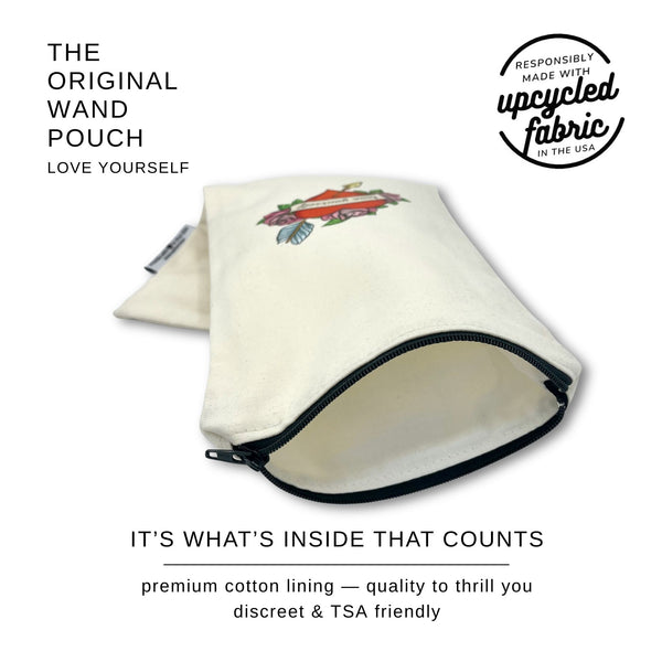 storage case for wand massager or other wellness devices, pictured to show full lining in white cotton. Text overlay highlights TSA friendly and responsibly made in the USA