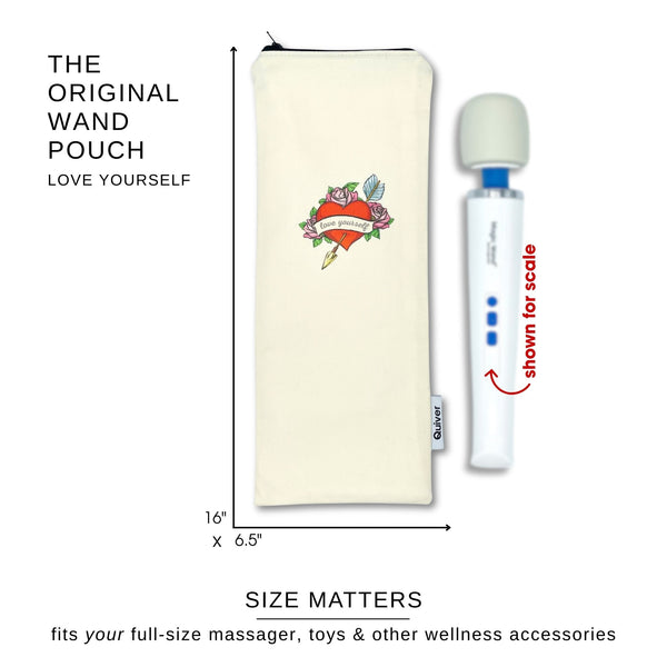 Discreet storage case for wand style vibrator illustrating what fits, magic wand shown for size is not included.  dimensions are 16" x 6.5" text overlay says "size matters" and "fits your full-size massager"