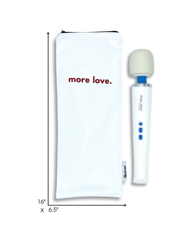 Dimensions of vibrator storage pouch, fits hitachi magic wand, wand massager or other adult toy and sex toy. Made in the USA