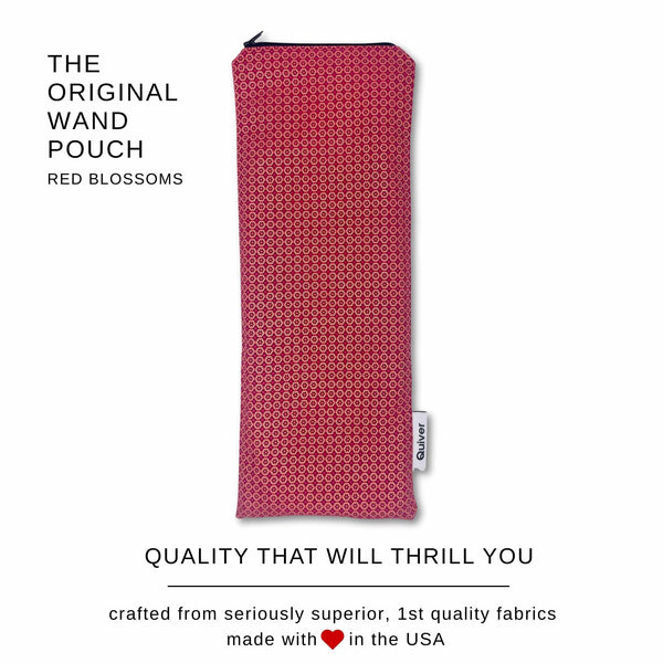 Red Blossoms Japanese fabric vibrator pouch – premium flat lay showing full-size wand massager storage bag with text overlay highlighting elegant design and top-quality construction