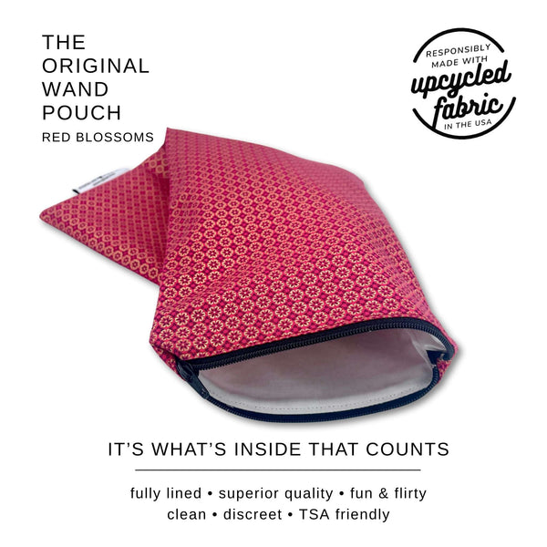 Interior detail of Red Blossoms wand massager pouch with crisp white cotton lining – soft, protective, washable vibrator storage bag