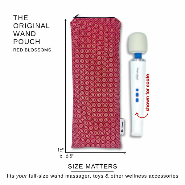 Red Blossoms full-size wand vibrator pouch with sizing and fit guide – fits Magic Wand™, Doxy™, Le Wand™, and other large wand massagers and styling tools