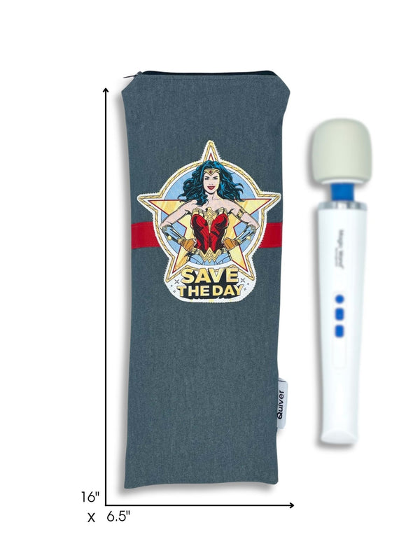 dimensions of wand vibrator bag, adult toy travel case.  Made of reclaimed denim in the USA by Quiver.Love