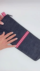 discreet storage zipper bag for adult toys and massager, made of reclaimed denim in the USA
