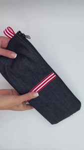 discreet storage bag, travel case for vibrator, personal massager. Made in the USA from re-claimed fabric in dark denim