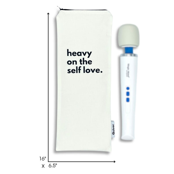 Wand pouch with “Heavy on the Self-Love” text printed on off-white denim, what fits size guide illustration