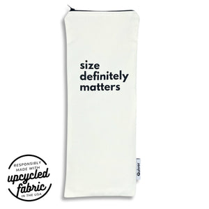 Wand pouch with “Size Definitely Matters” printed in black text on off-white denim.