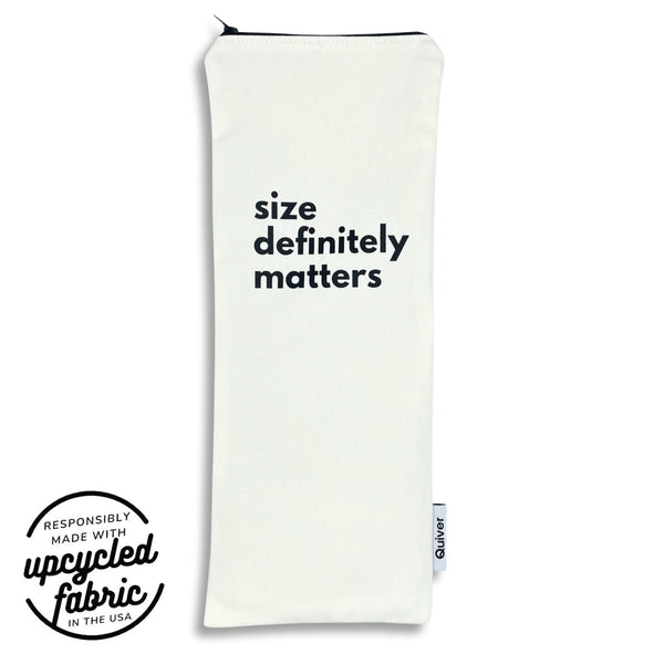 Wand pouch with “Size Definitely Matters” printed in black text on off-white denim.