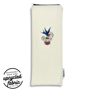 Wand pouch with vintage bluebird tattoo design printed on sueded off-white cotton.