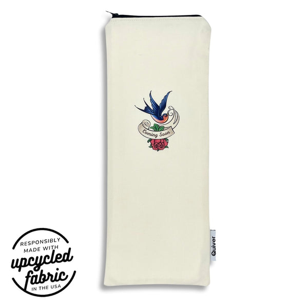 Wand pouch with vintage bluebird tattoo design printed on sueded off-white cotton.